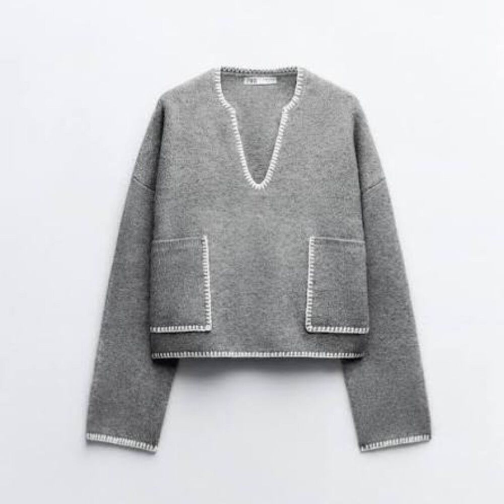 ZARA Contrast Stitched Boxy Sweater Gray Medium